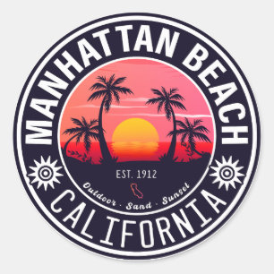Sticker Rond Manhattan Beach California Retro Sunset Souvenirs