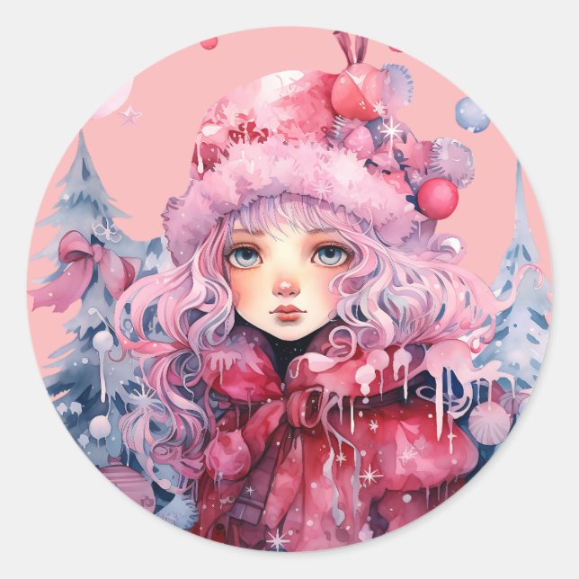 Sticker Rond Manteau d'hiver rose Cute Big Eye Girl Noël (Devant)