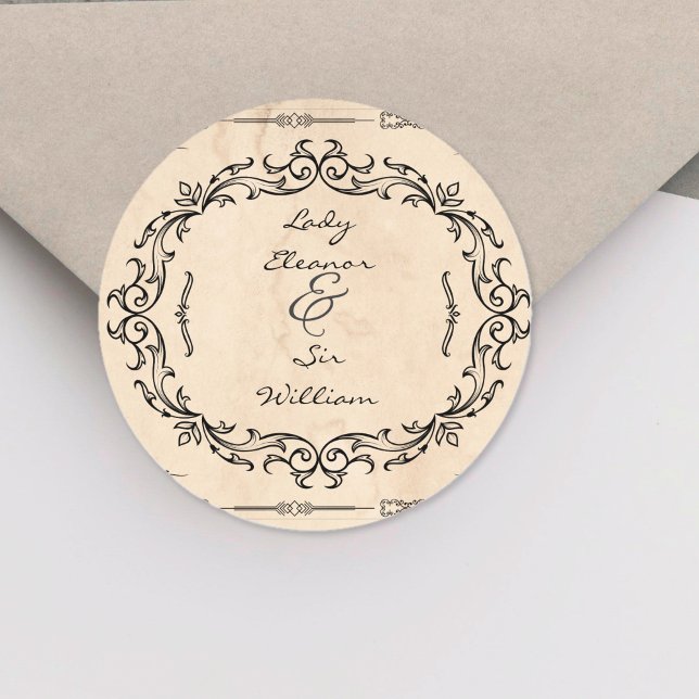 Sticker Rond Manuscrit médiéval Mariage élégant (Medieval Manuscript Elegant Wedding Classic Round Sticker)