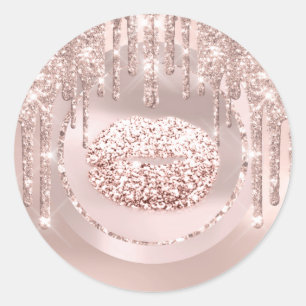 Sticker Rond Maquilleuse Kiss Lips Drips Rose Pailleté