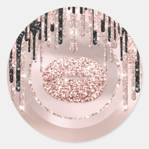 Sticker Rond Maquilleuse lèvres Kiss Drips Rose Paillettes