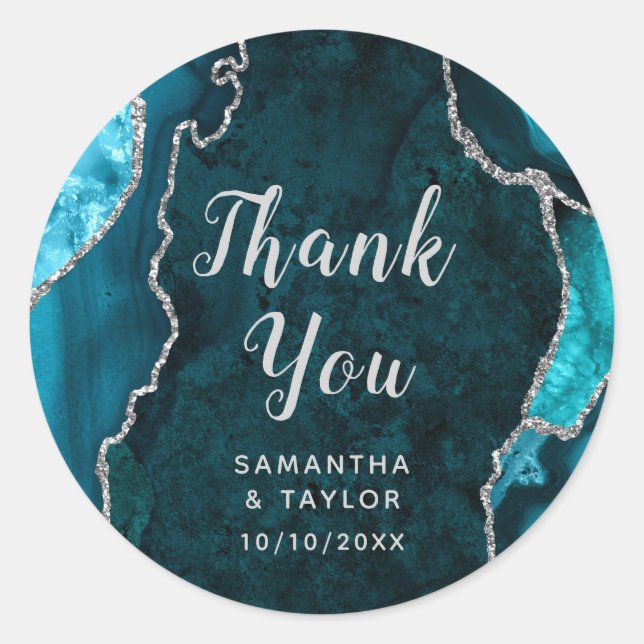 Sticker Rond Marbre Agate Bleu Vert et Argent Remerciements Mar (Devant)