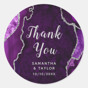 Sticker Rond Marbre Agate Violet et Argent Remerciements Mariag
