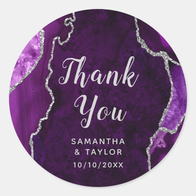 Sticker Rond Marbre Agate Violet et Argent Remerciements Mariag (Devant)