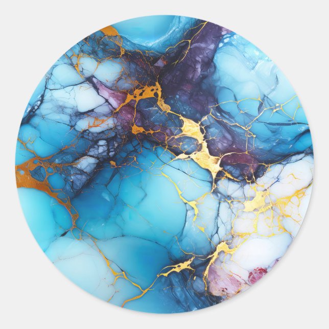 Sticker Rond Marbre Azur et Améthyste avec Veines Dorées (Devant)
