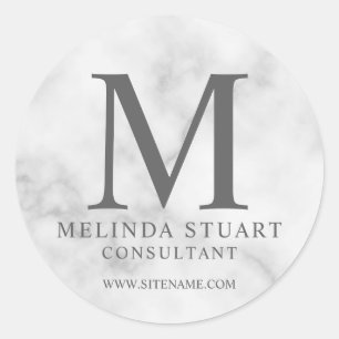 Sticker Rond Marbre blanc Élégant Monogramme Business Classic R