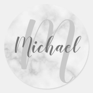 Sticker Rond Marbre blanc moderne Monogramme et nom personnalis