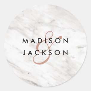 Sticker Rond Marbre blanc & Rose Gold Moderne Monogramme Mariag