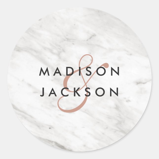 Sticker Rond Marbre blanc & Rose Gold Moderne Monogramme Mariag (Devant)