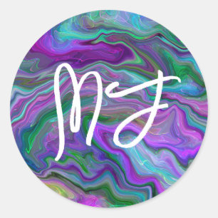 Sticker Rond Marbre bleu et violet monogramme