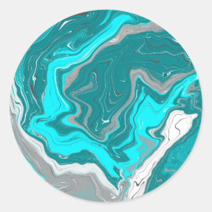 Sticker Rond Marbre bleu, Turquoise et turquoise Fluid Art