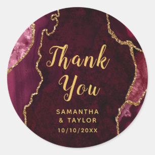 Sticker Rond Marbre d'agate rouge et or Merci Mariage