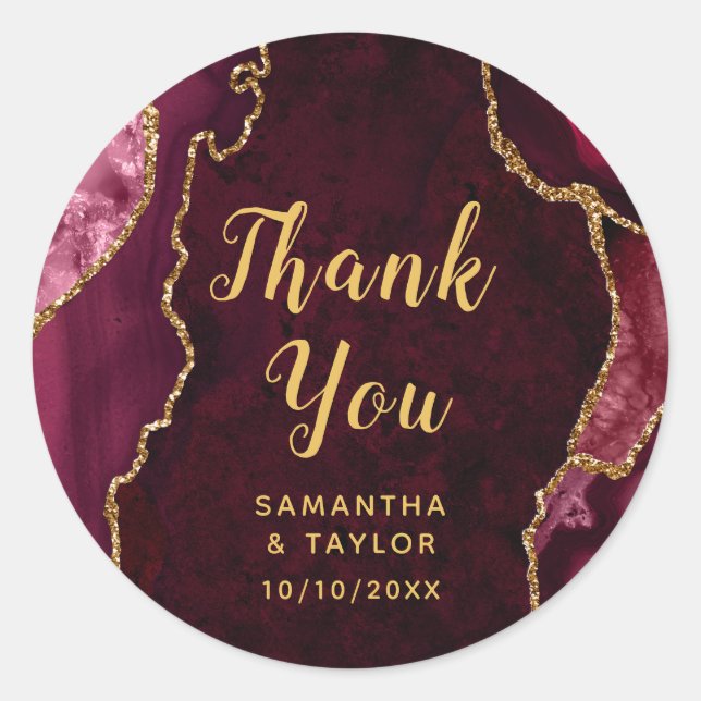 Sticker Rond Marbre d'agate rouge et or Merci Mariage (Devant)