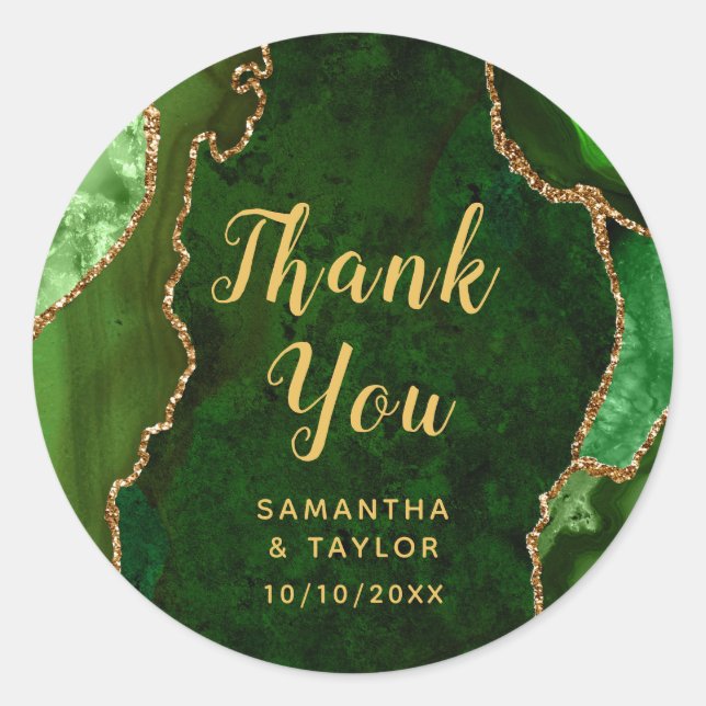 Sticker Rond Marbre d'agate vert et or Merci Mariage (Devant)