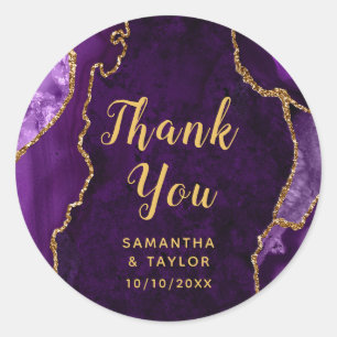 Sticker Rond Marbre d'agate violet et or Merci Mariage