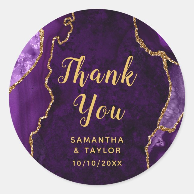 Sticker Rond Marbre d'agate violet et or Merci Mariage (Devant)