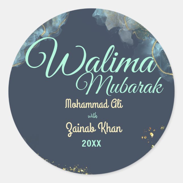 Sticker Rond Marbre Dusty Bleu Walima Mariage islamique (Devant)