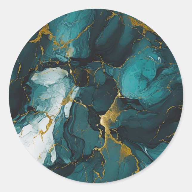 Sticker Rond Marbre émeraude aux veines dorées (Devant)