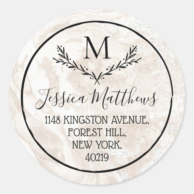 Sticker Rond Marbre et couronne personnalisée Monogramme Adress (Devant)