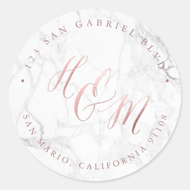 Sticker Rond Marbre Faux Rose or Calligraphie Ampersand (Devant)