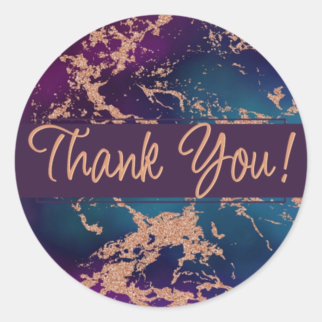Sticker Rond Marbre Moody Luxe | Violet foncé et sarcelle Merci (Devant)
