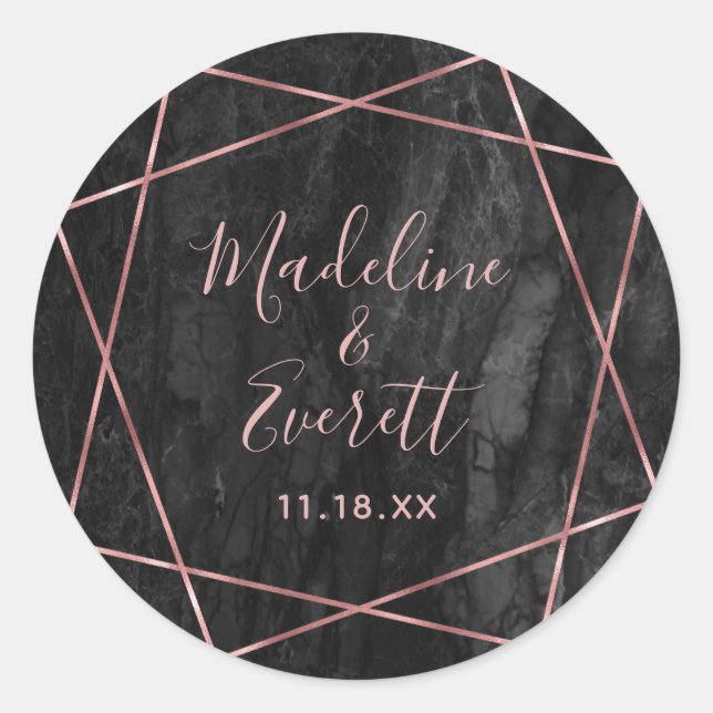Sticker Rond Marbre noir Rose Gold Lines Geo Monogram Mariage (Devant)