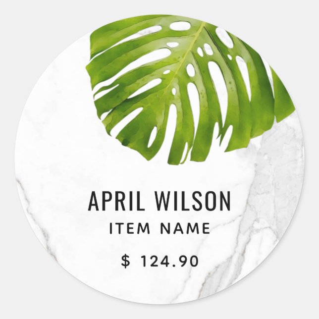STICKER ROND MARBRE PIERRE VERT MONSTERA FEUILLE PRIX FOLIAGE (Devant)