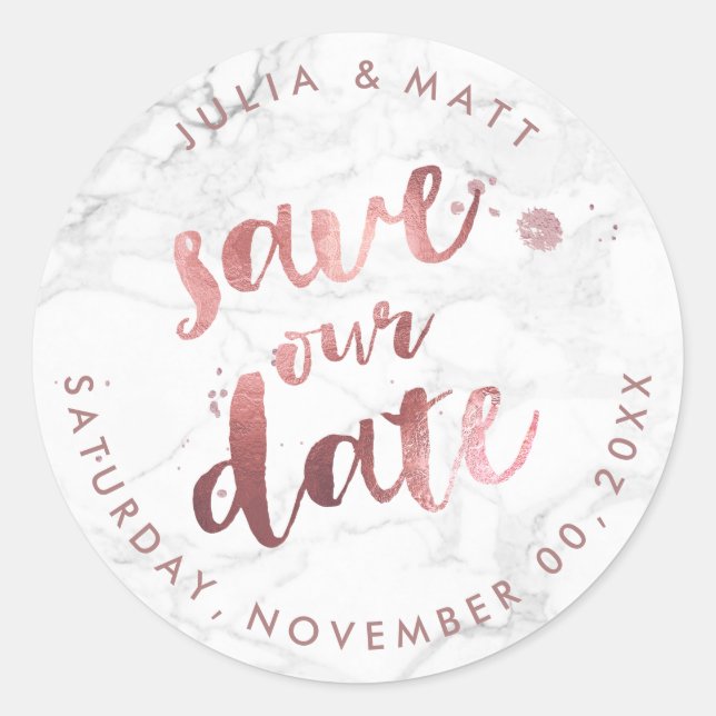 Sticker Rond Marbre PixDezine Enregistrer la date/Faux Rose Gol (Devant)