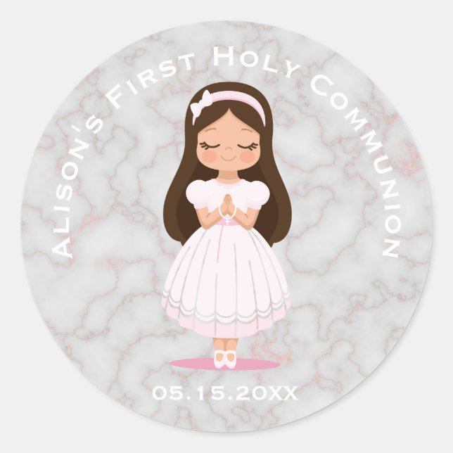 Sticker Rond Marbre rose de première sainte communion de fille (Devant)
