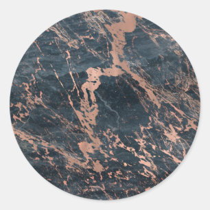 Sticker Rond Marbre Rustique Bleu Brumeux et Rose Gold Rose Gla