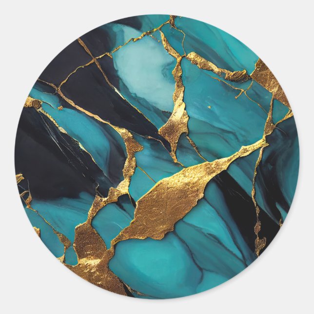 Sticker Rond Marbre sarcelle profond avec veines d'or audacieus (Devant)