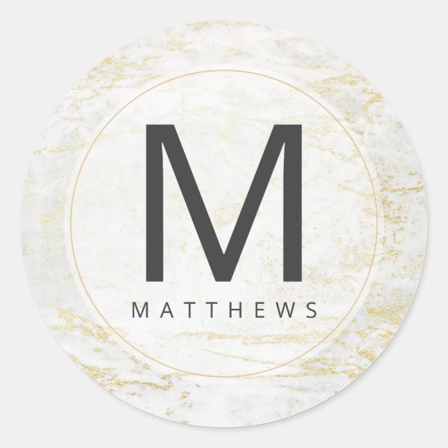 Sticker Rond Marbres modernes en blanc avec Mariage Monogramme  (Devant)