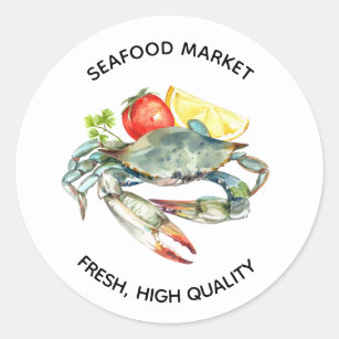 Sticker Rond Marché des fruits de mer Commerce Crabe Aquarelle