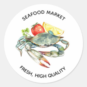 Sticker Rond Marché des fruits de mer Commerce Crabe Aquarelle