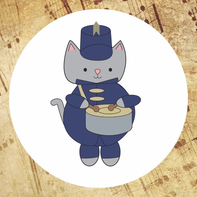 Sticker Rond Marching Band Cat Drum Navy Blue Gold (A sticker of a gray cat playing drums in a navy blue & gold marching band uniform.)