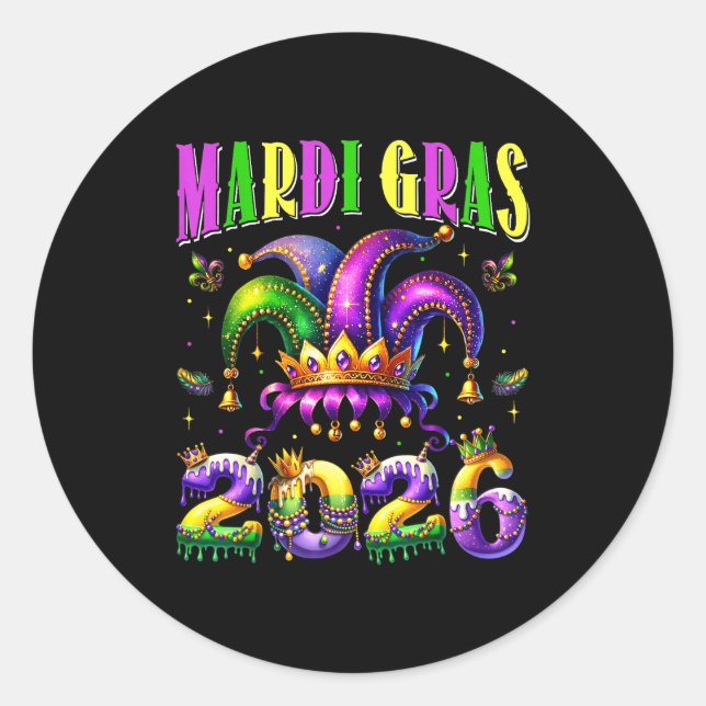 Sticker Rond Mardi Gras 2026 Jester Outfit Kids Girls Boys Men  (Devant)