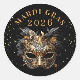 Sticker Rond Mardi Gras 2026 Paillettes Or Noir Élégant