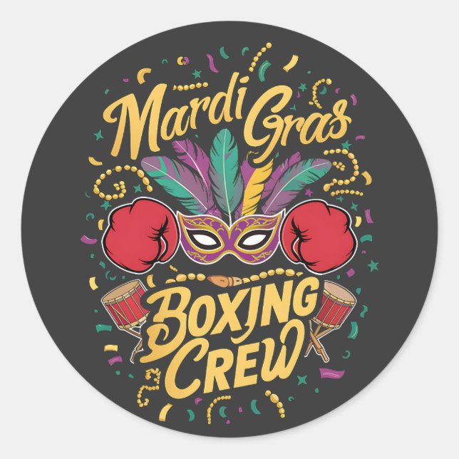 Sticker Rond Mardi Gras a mascarade animée avec Boxing Crew. (Devant)