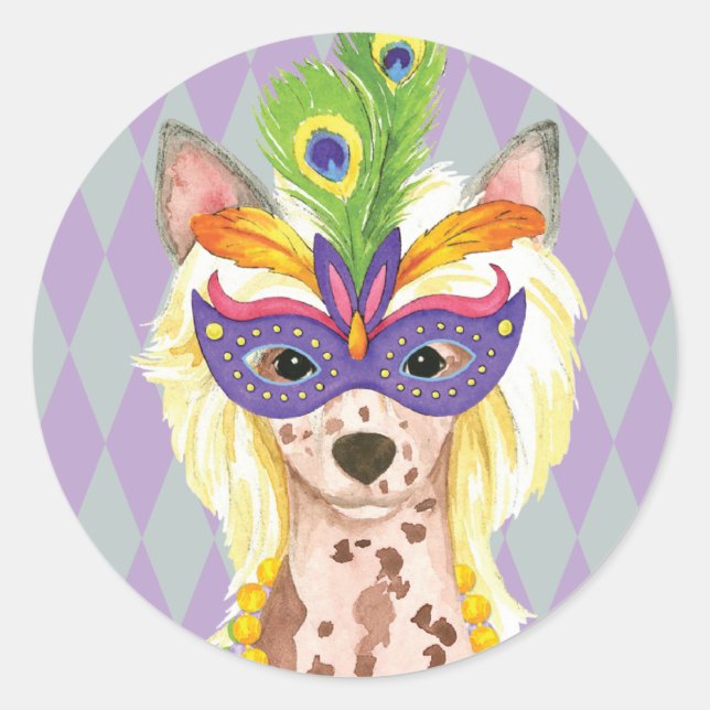 Sticker Rond Mardi Gras Chinese Crested (Devant)