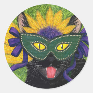 Sticker Rond Mardi Gras Fête de chat New Orleans Mask Art Sti