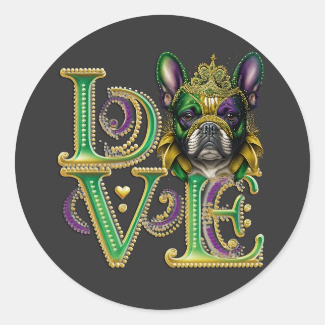 Sticker Rond Mardi Gras French Bulldog Word LOVE Masquerade (Devant)