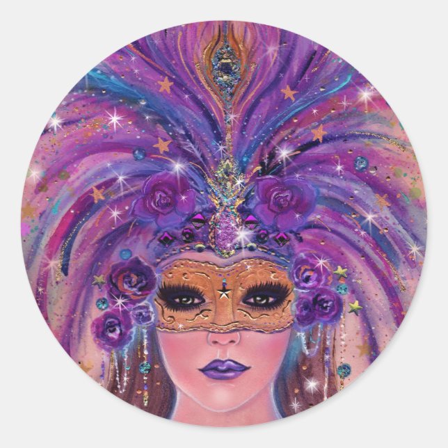 Sticker Rond Mardi Gras imaginaire femme masquée par Renee Lavo (Devant)
