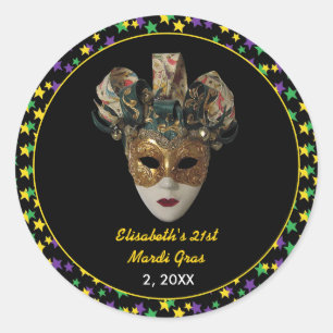 Sticker Rond Mardi Gras Masque 21e fête d'anniversaire