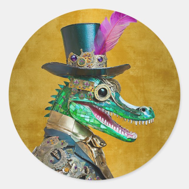 Sticker Rond Mardi Gras Steampunk Party Animal Alligator (Devant)