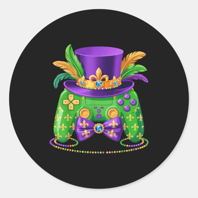 Sticker Rond Mardi Gras Video Game Controller Jester Hat Gamer  (Devant)
