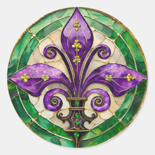 Sticker Rond Mardi Gras Vitrail Fleur di lis