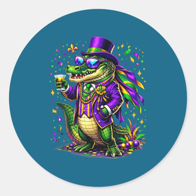 Sticker Rond Mardigator Mardi Gras Alligator Drôle (Devant)