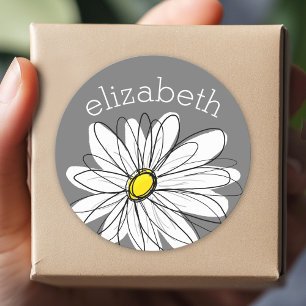 Sticker Rond Marguerite blanc et gris avec texte personnalisé