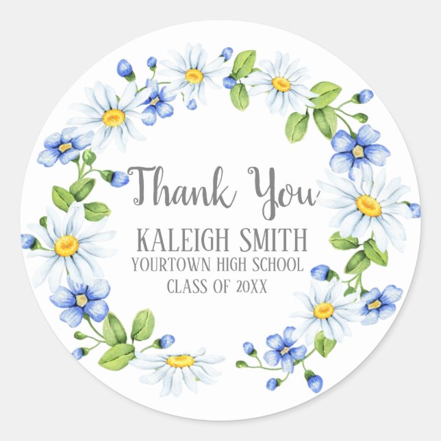 Sticker Rond Marguerites blanches Fleurs bleues Diplôme (Devant)