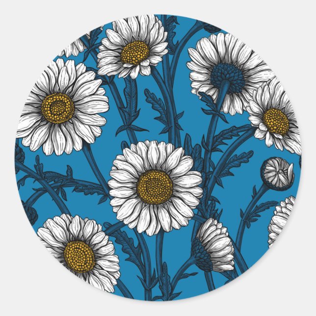 Sticker Rond Marguerites sur bleu (Devant)